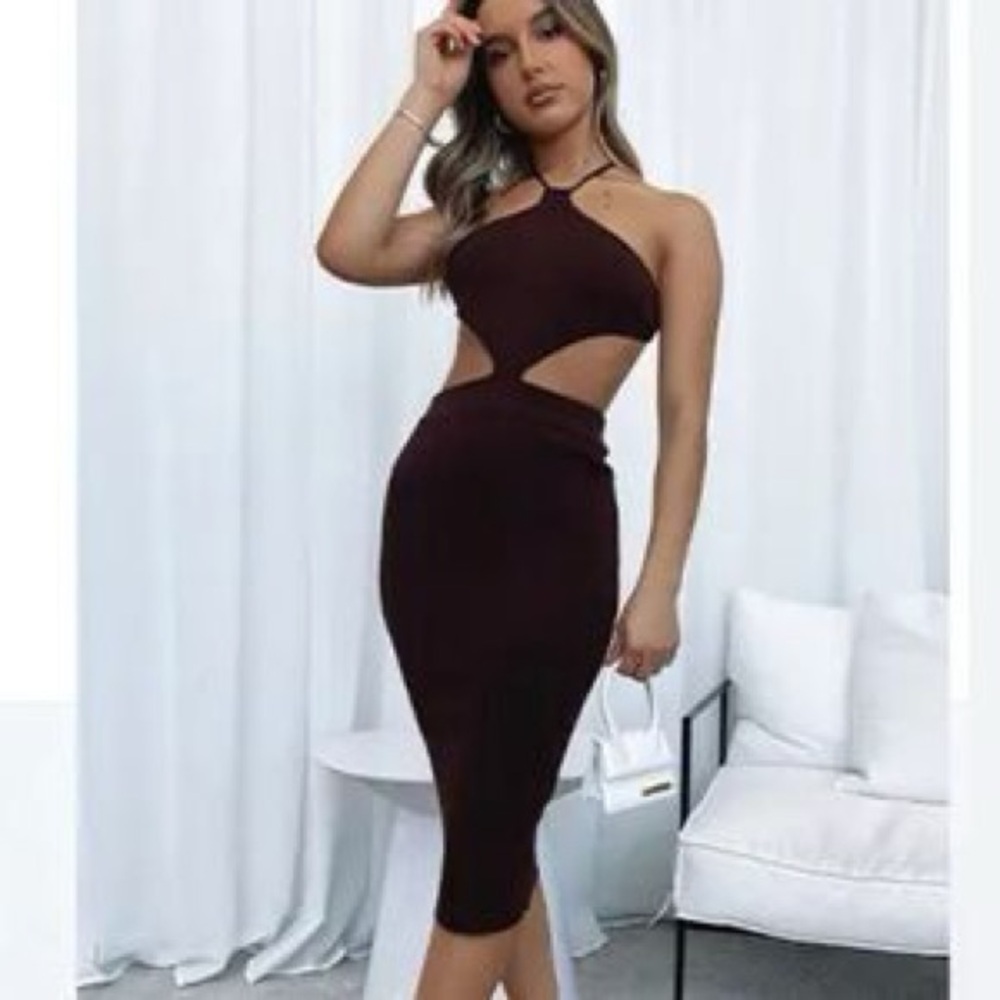 Brown Midi Bodycon Dress with Halter Neckline and Cut Out for Cocktail